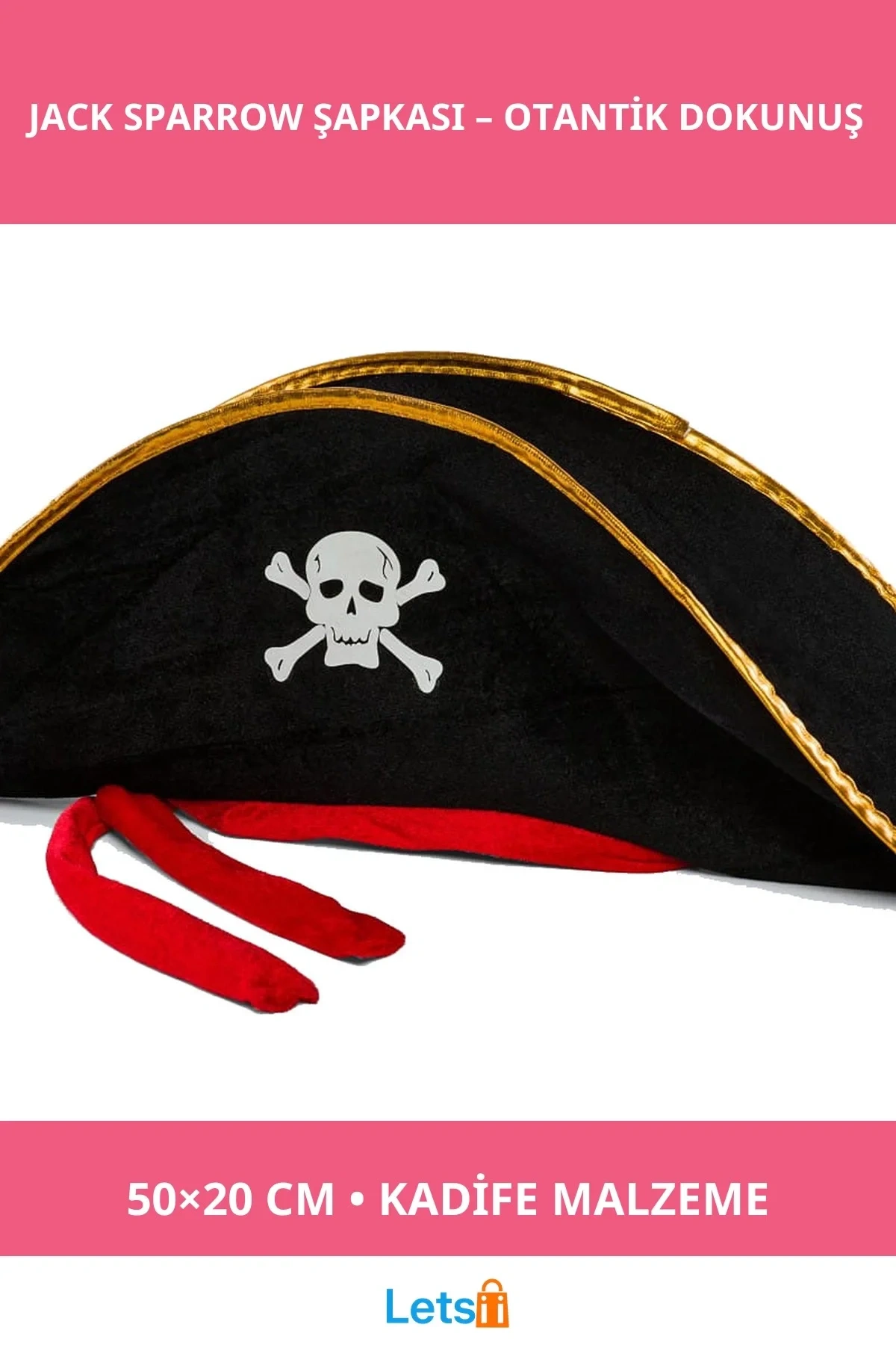 Yetişkin Boy Kadife Jack Sparrow Denizci Kaptan Korsan Şapkası 50x20 CM