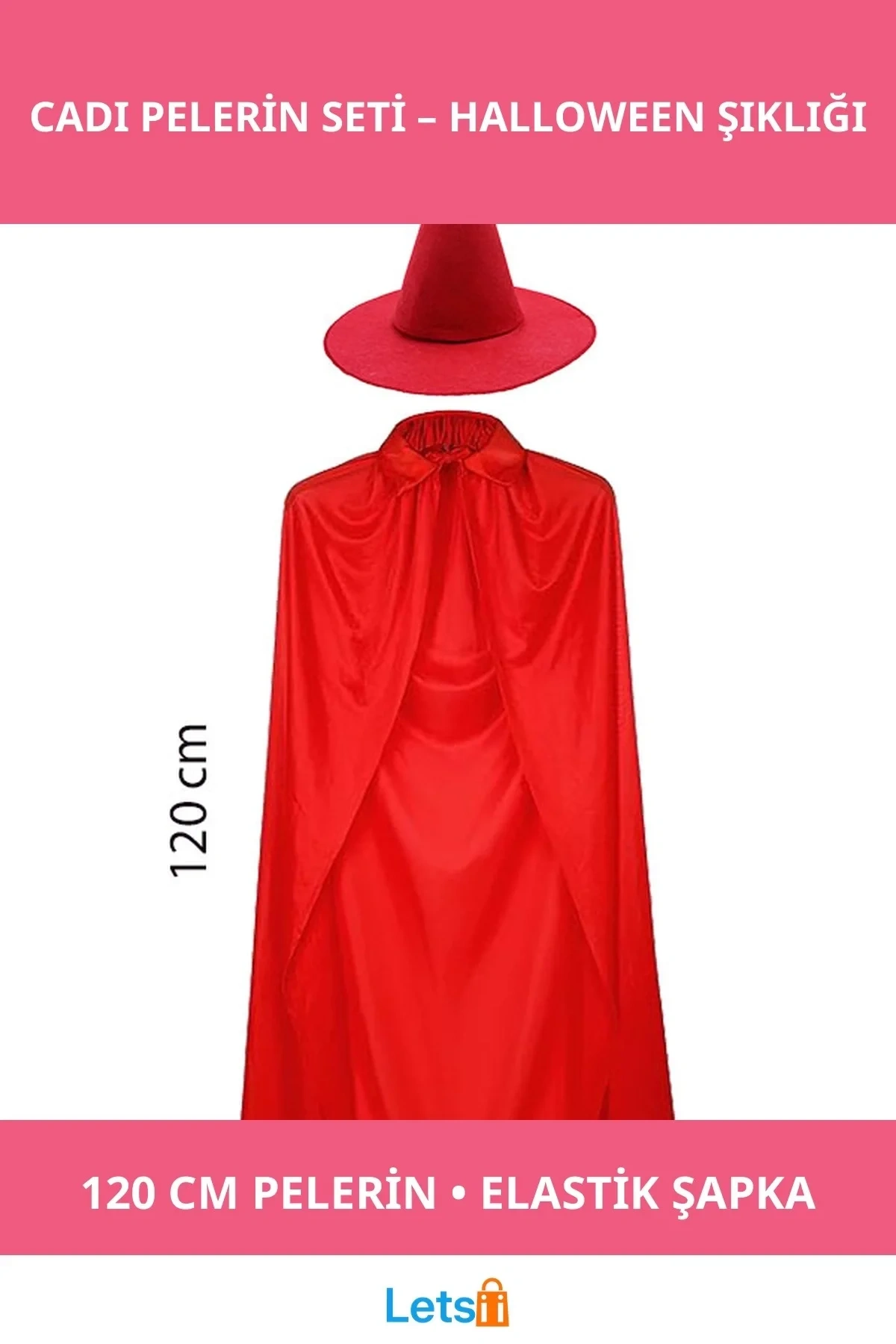 Yetişkin Boy Kırmızı Yakalı Pelerin ve Cadı Şapkası Kostümü