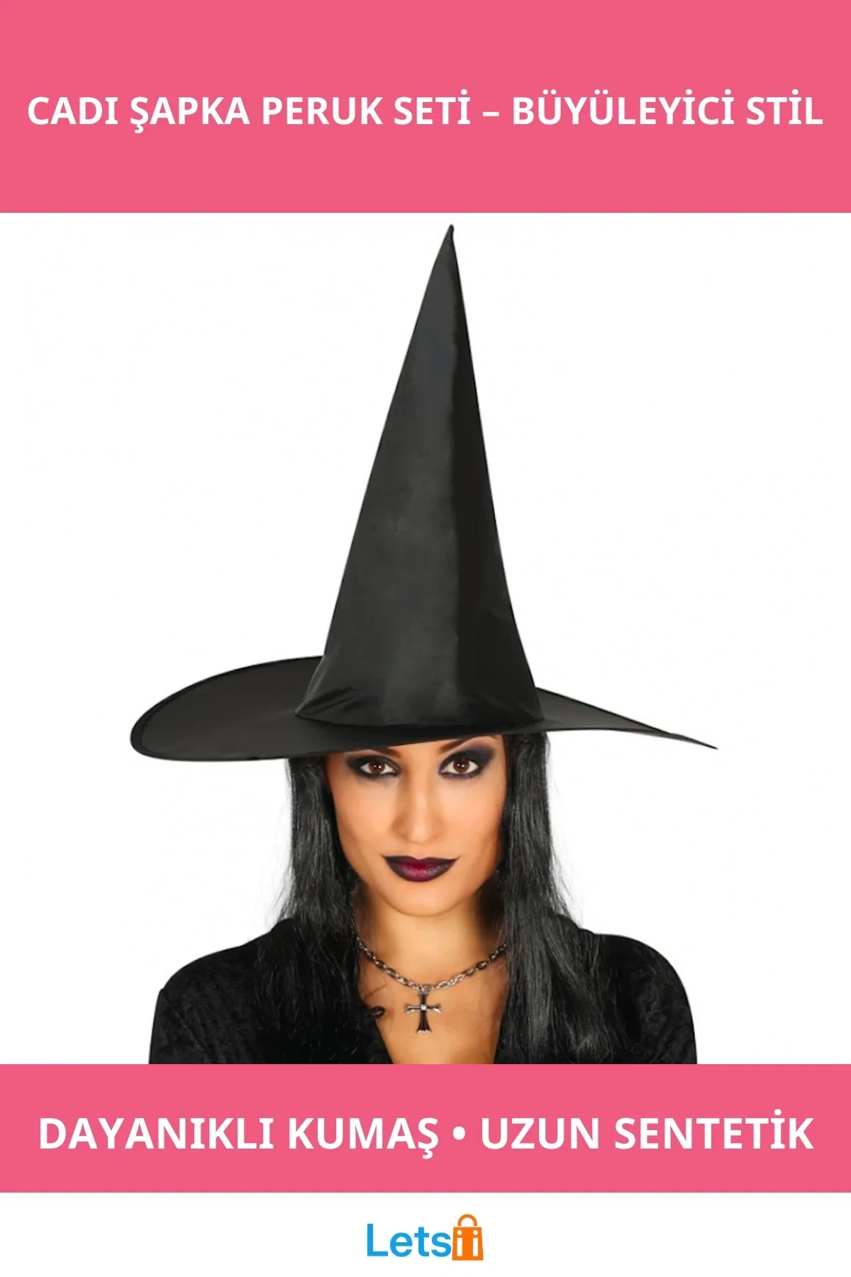 Yetişkin Boy Siyah Cadı Şapkası ve Uzun Siyah Cadı Peruğu
