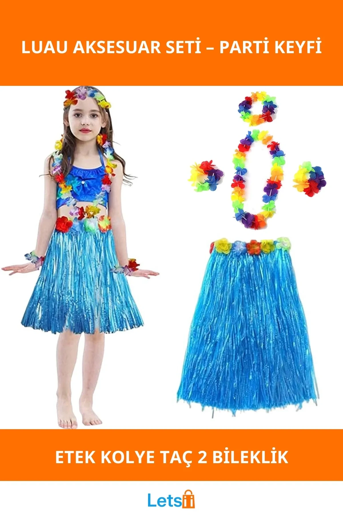 Yetişkin ve Çocuk Uyumlu Hawaii Luau Aloha Mavi Püsküllü Etek Kolye Taç Bileklik Seti