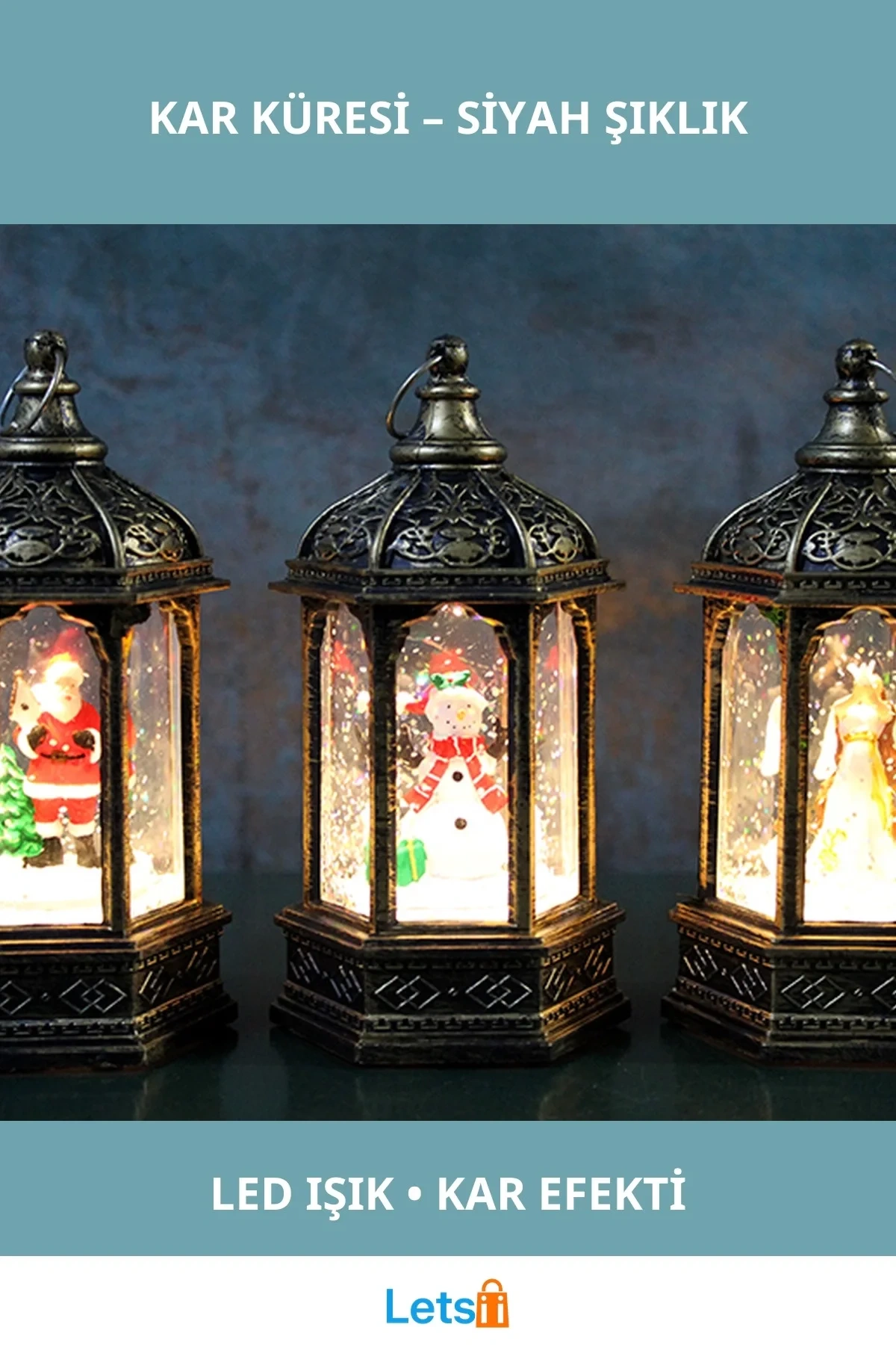 Yılbaşı Temalı Işıklı Siyah Kar Küresi Dekoratif 14x7 cm