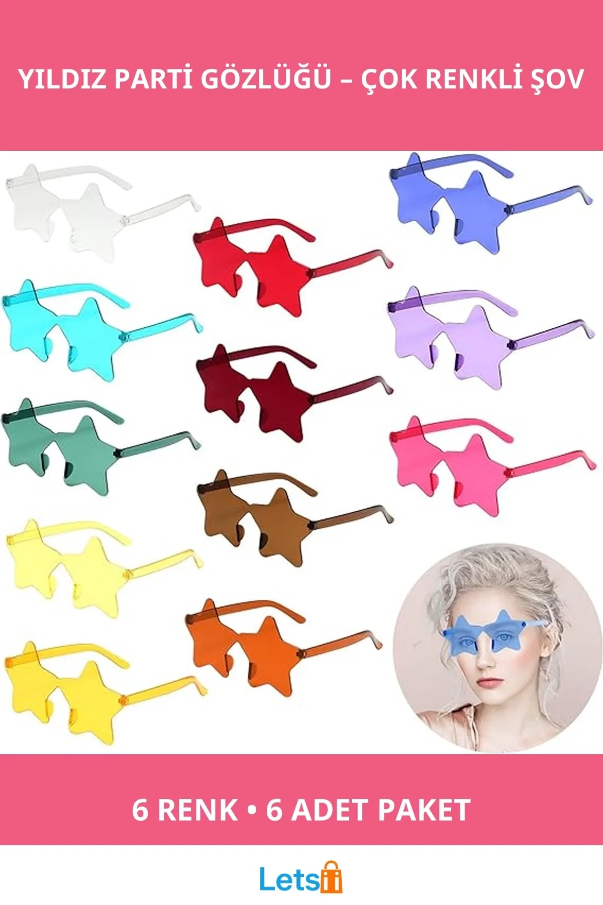 Yıldız Şekilli Çerçevesiz Parti Gözlüğü 6 Renk 6 Adet