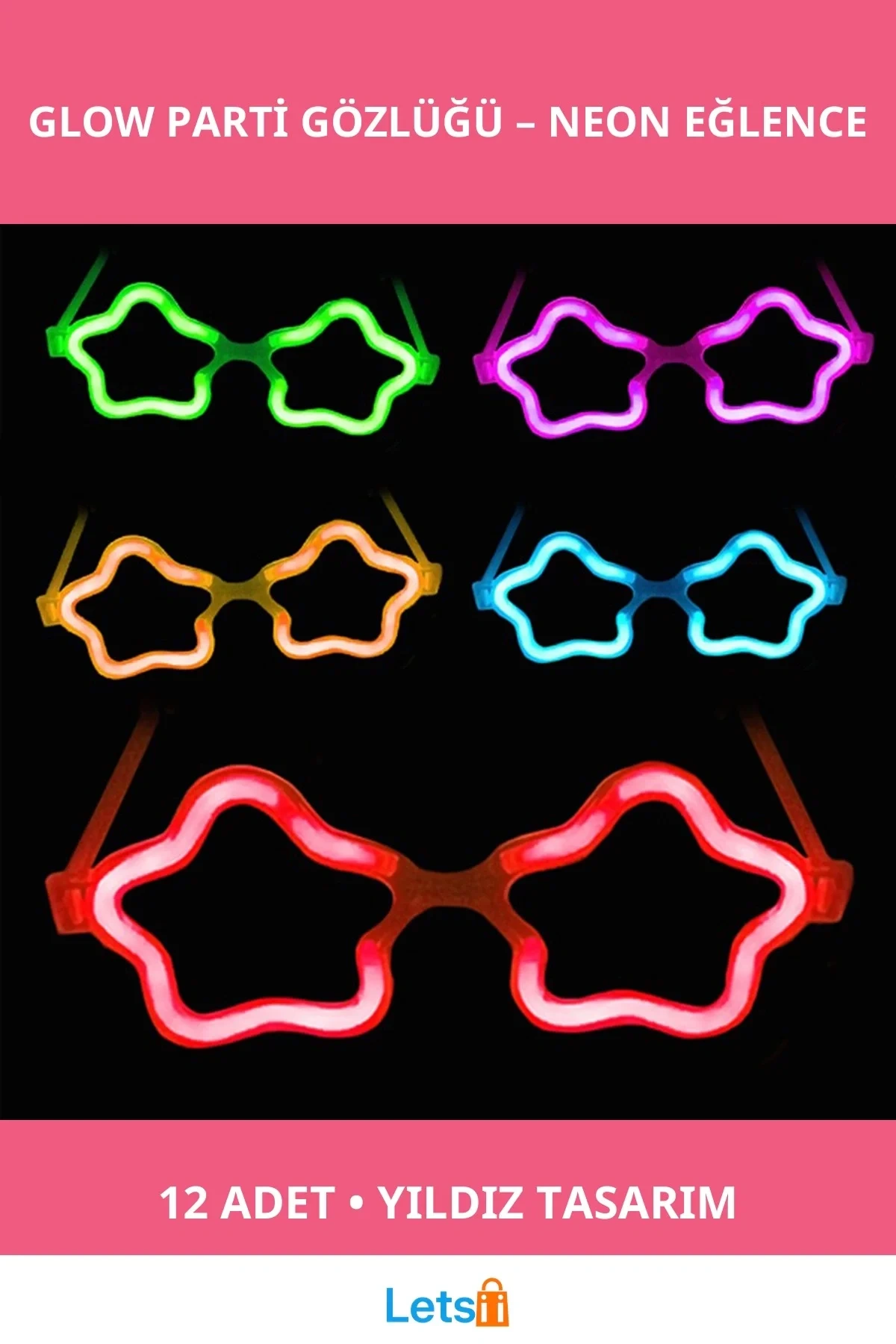 Yıldız Tasarımlı Neon Renkli Glow Gözlük 12 Adet