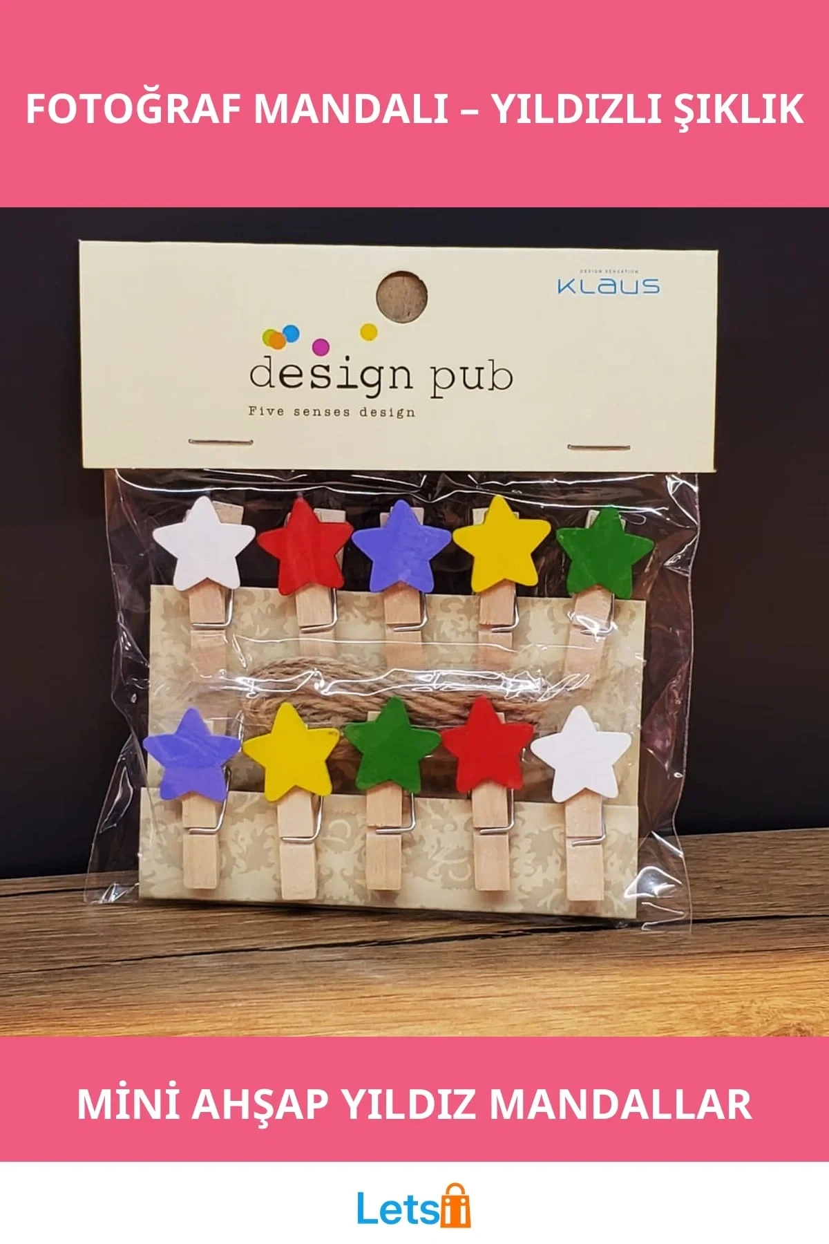 Yıldız Tasarımlı Renkli Mini Fotoğraf Mandalları 10 Adet Ahşap