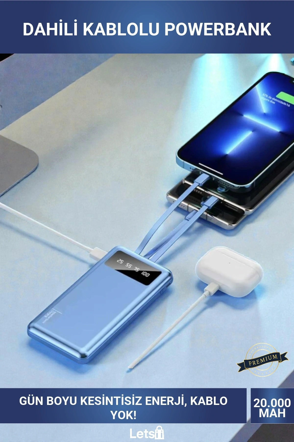 Yüksek Kapasiteli 20.000 mAh Kendinden Kablolu Hızlı Şarj Type C Lightning Dijital Göstergeli Powerbank