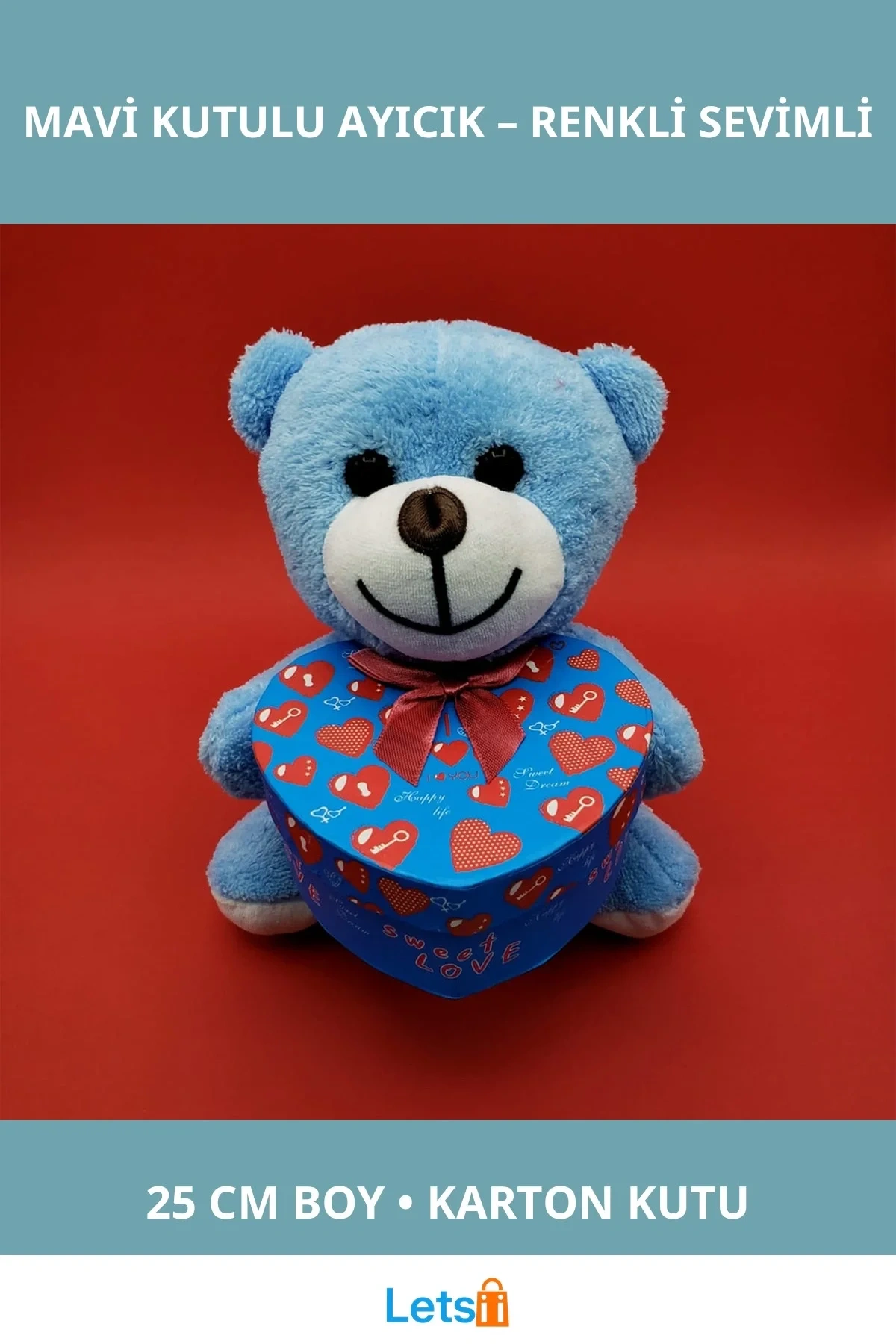 Yumuşak Peluş Mavi Kutulu Ayıcık 25 cm Hediye