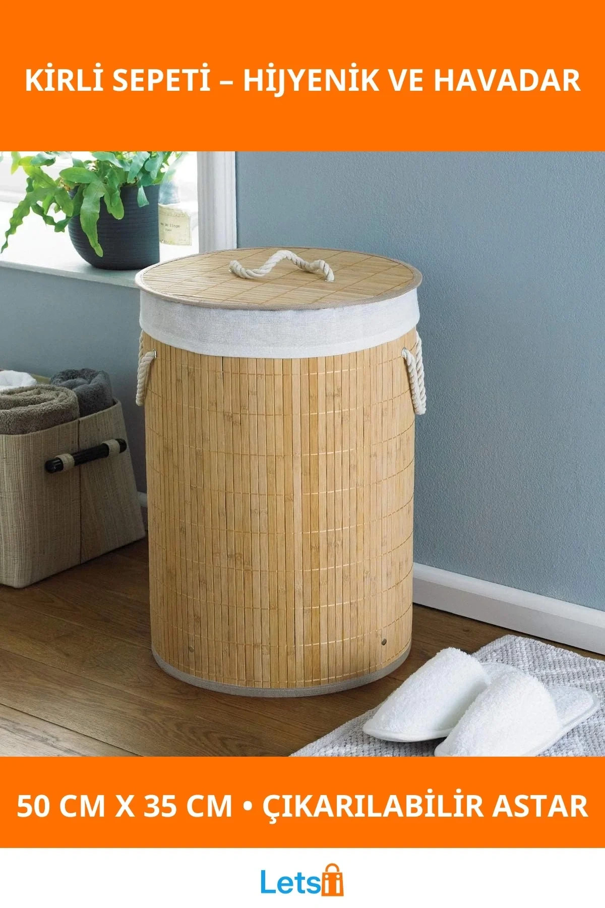 Yuvarlak Bambu Kirli Sepeti 50 cm Yükseklik, 35 cm Genişlik