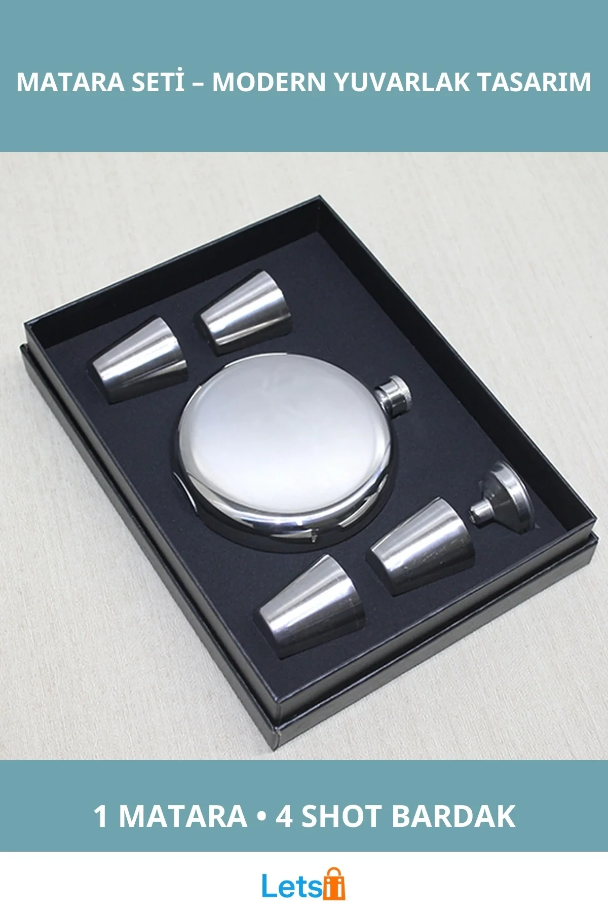 Yuvarlak Çelik Matara Seti ve 4 Adet Shot Bardak