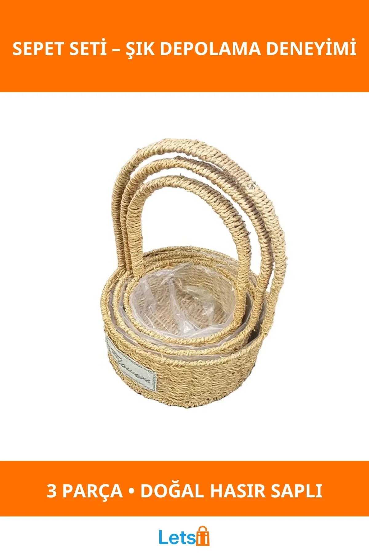 Yuvarlak Doğal Hasır Saplı Sepetler 3lü Set