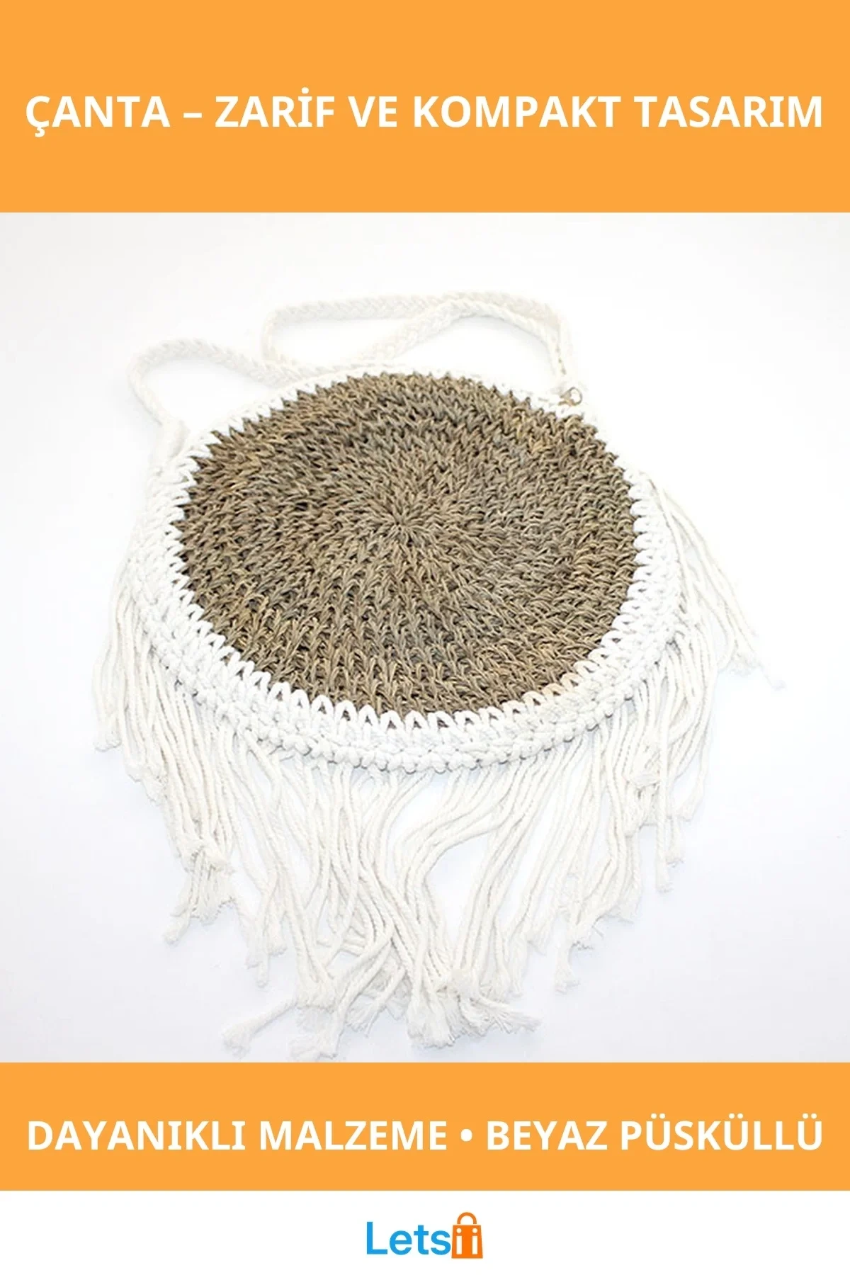 Yuvarlak Kahverengi Beyaz Püsküllü Şık Tasarım Çanta