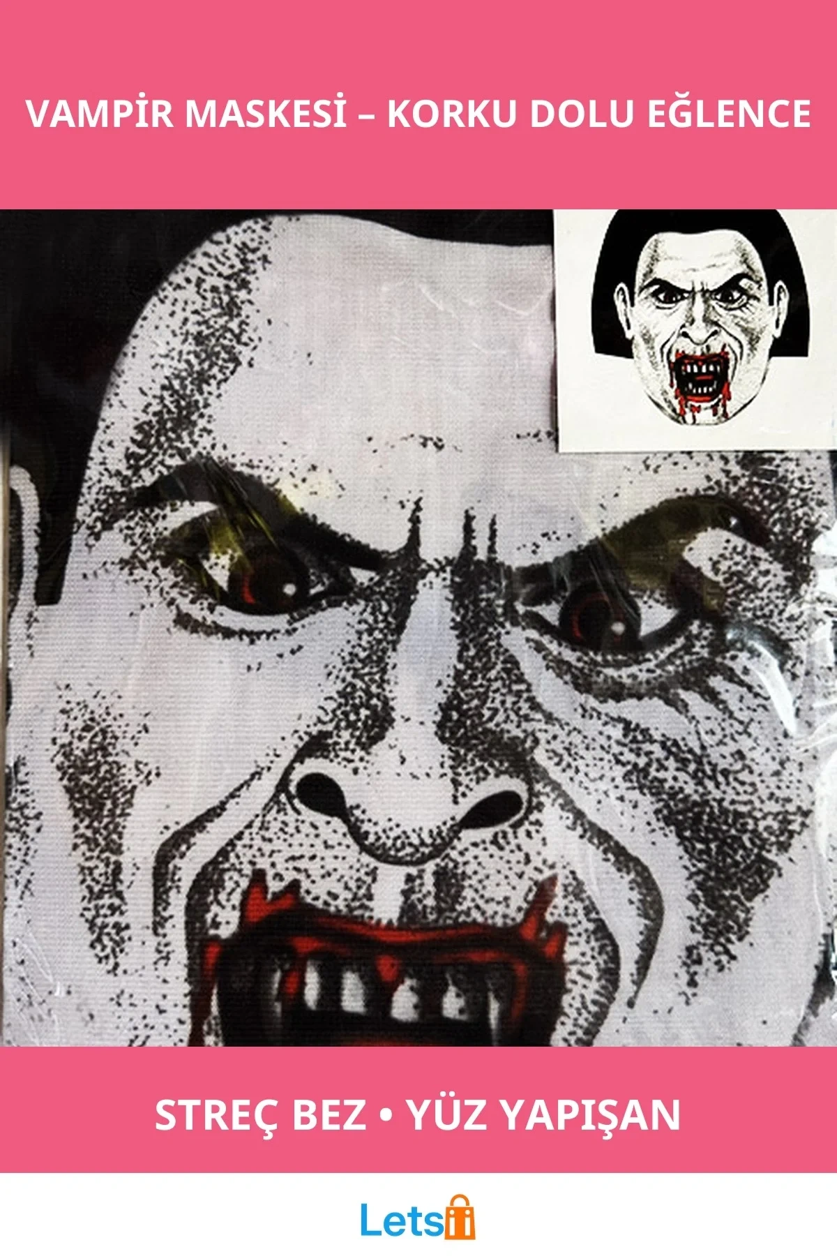 Yüze Yapışan Tam Geçmeli Streç Kanlı Vampir Maskesi