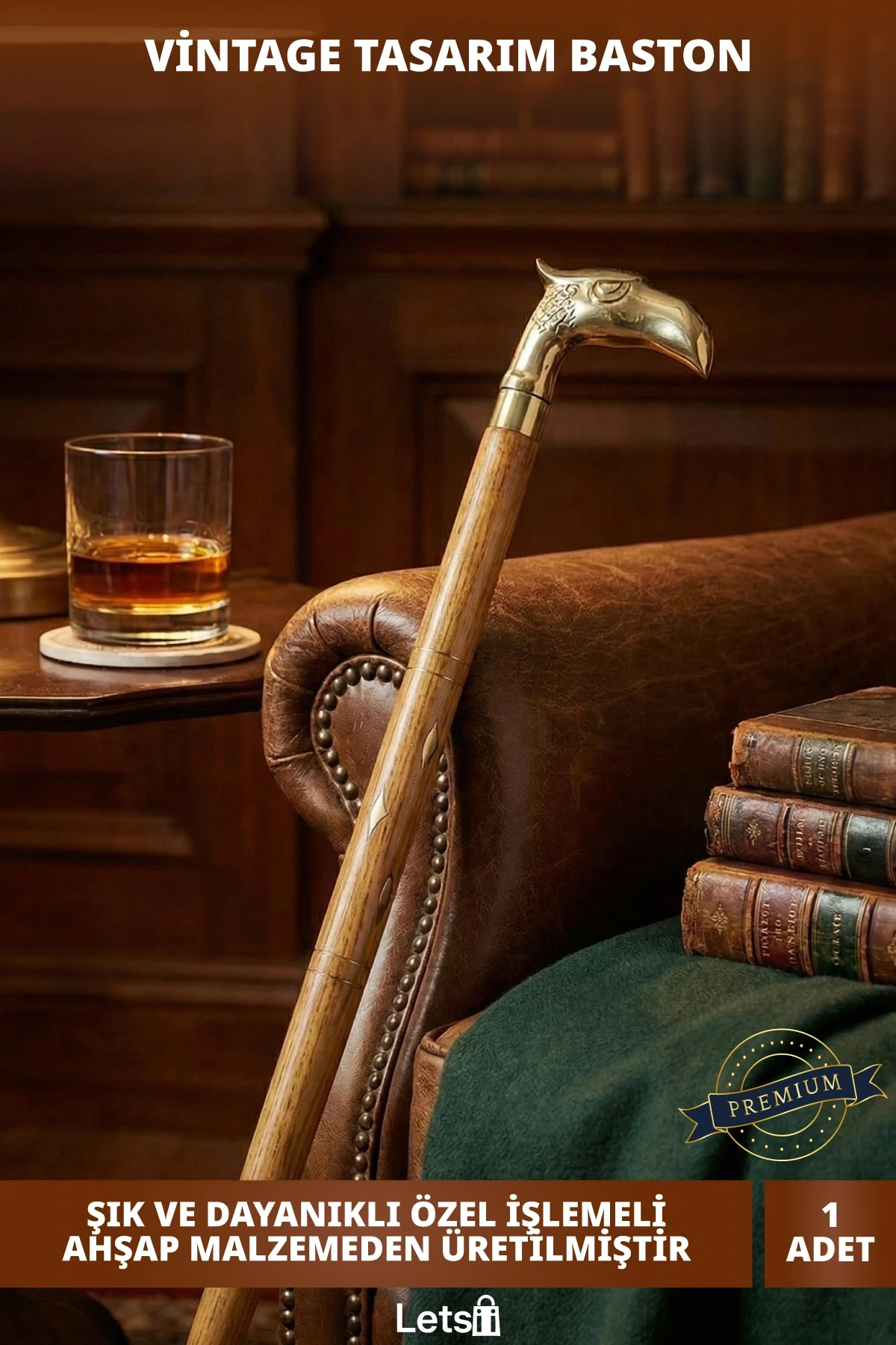Zarif Ahşap Ve Pirinç Detaylı Ergonomik Vintage Baston