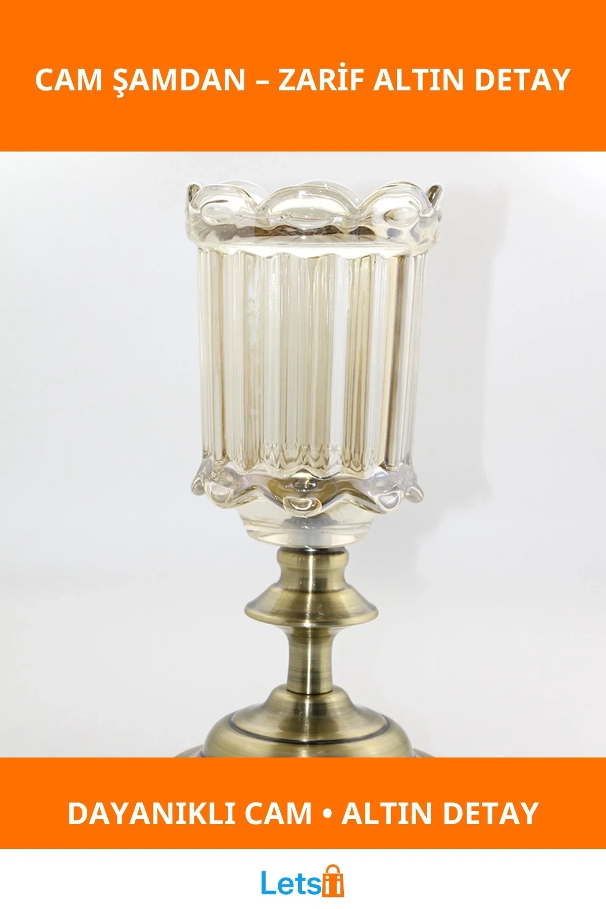 Zarif Altın Detaylı Cam Şamdan Tekli