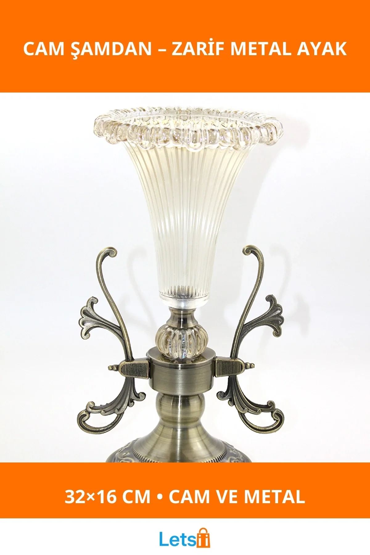 Zarif Cam Şamdan Tekli Metal Alt Çerçeve 32x16 cm