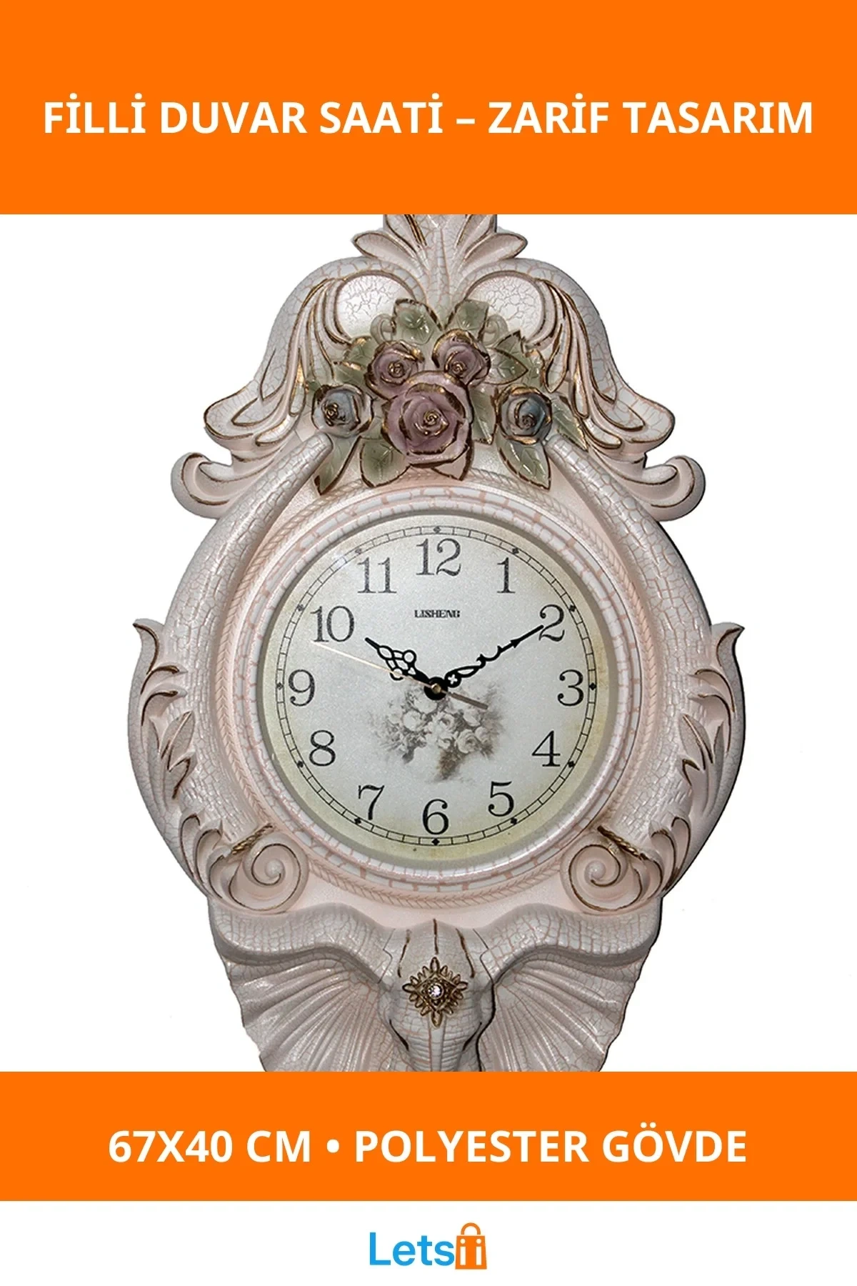 Zarif Filli Motifli Altın Gümüş Duvar Saati 67x40 cm