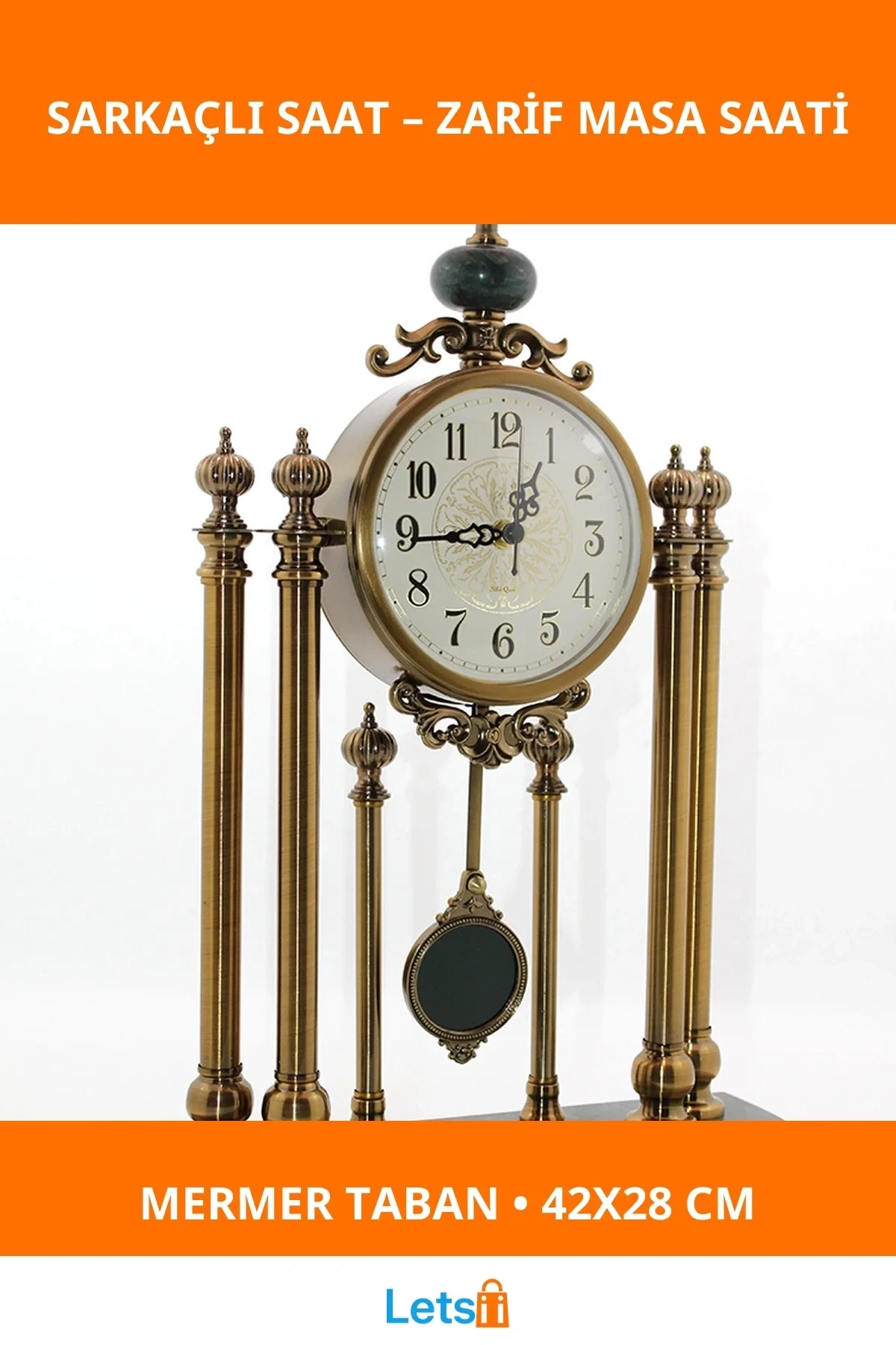 Zarif Metal Mermer Taban Sarkaçlı Masaüstü Saat 42x28 cm