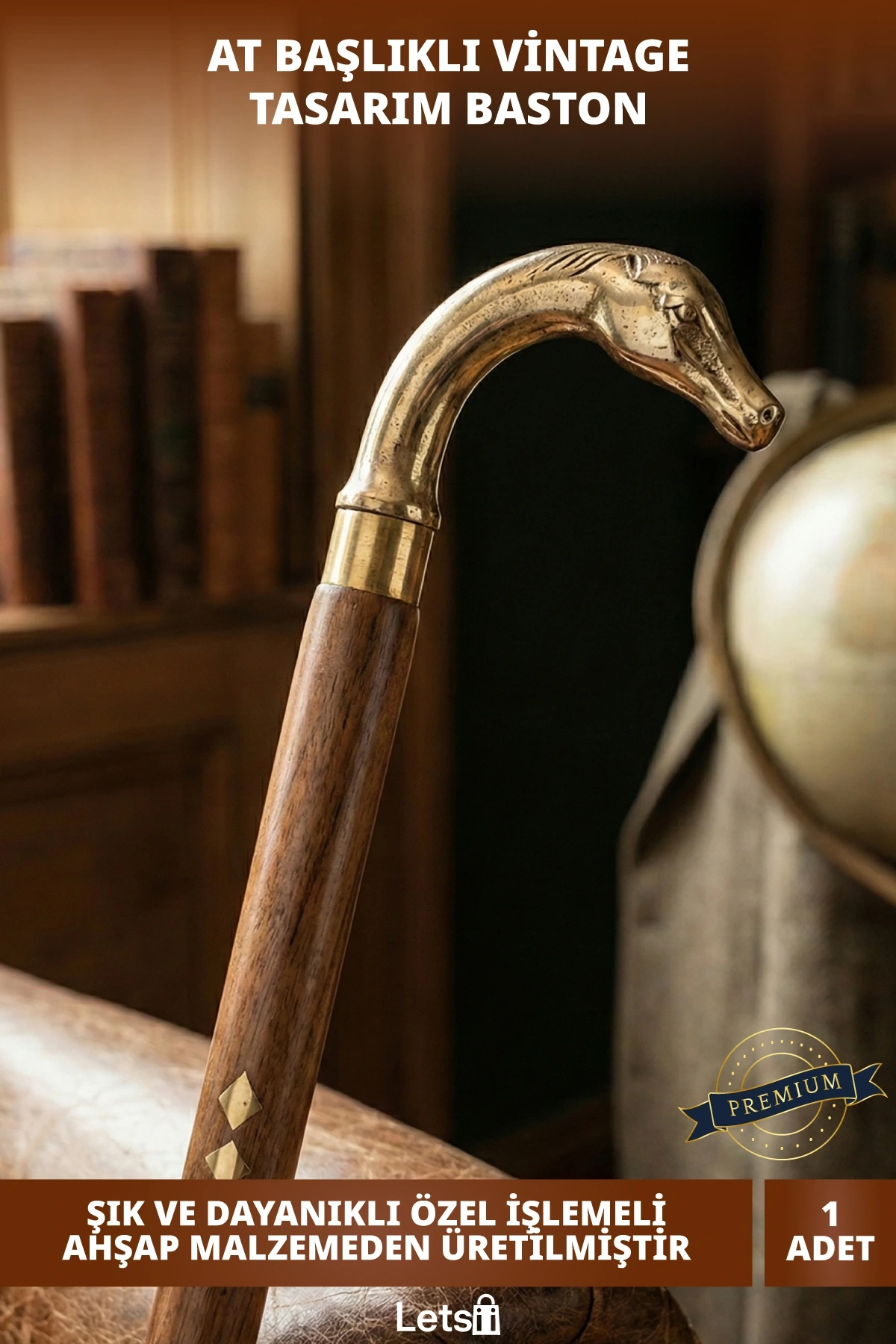 Zarif Pirinç At Büstü Ahşap Özel Tasarım Baston 93 cm