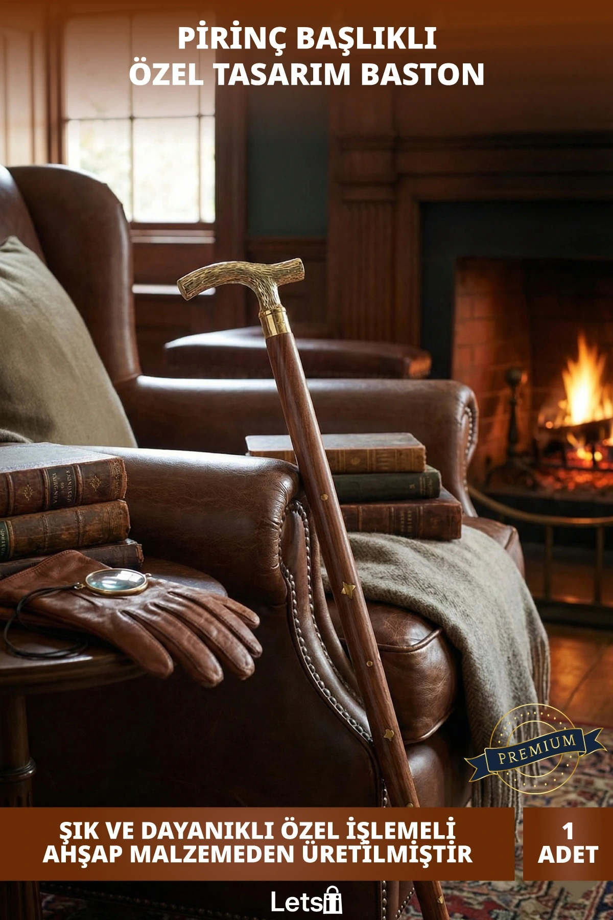 Zarif Pirinç Baston Ahşap Gövde ve Özel İşleme Detaylı Şık Tasarım