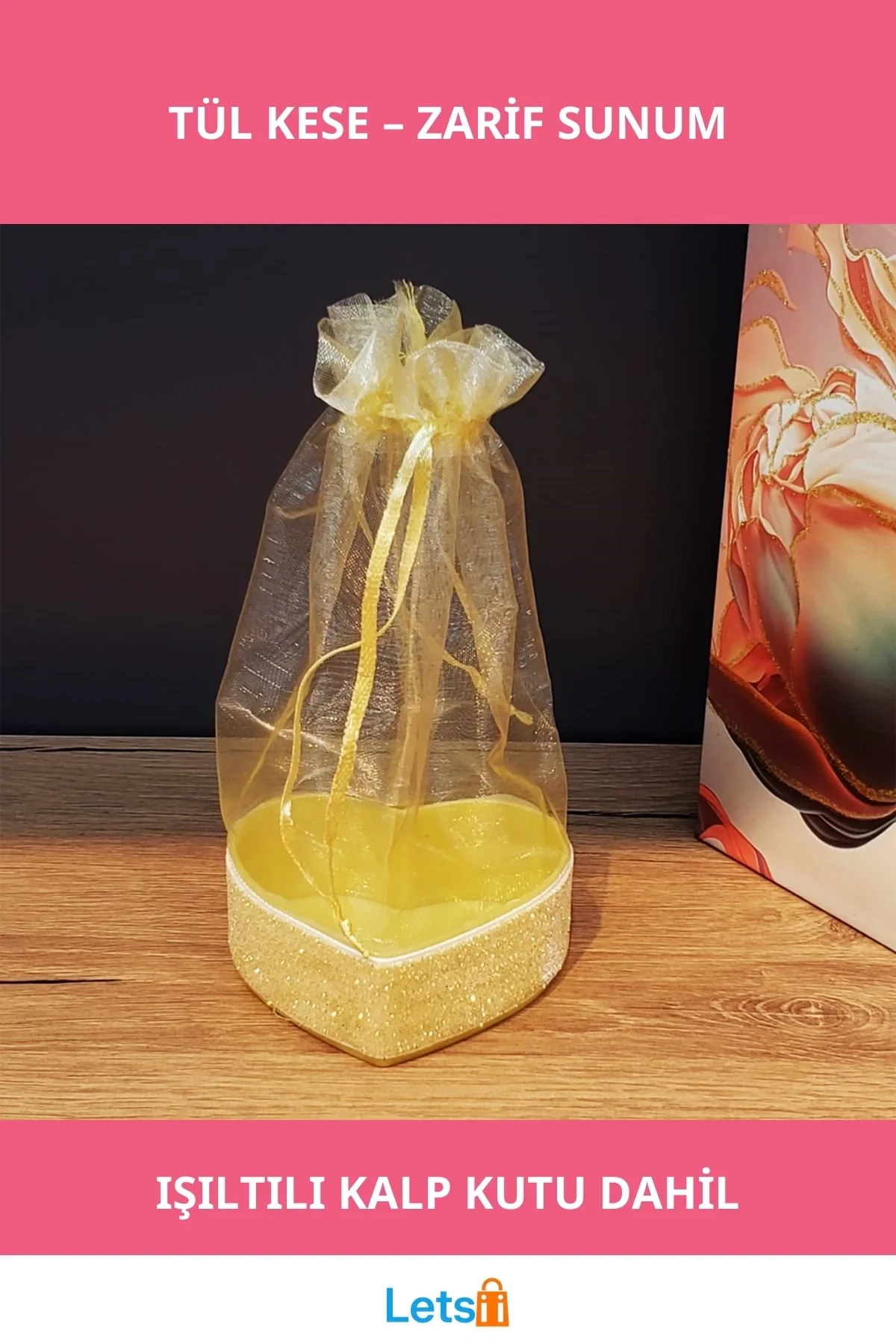 Zarif Sarı Kalpli Tül Kese 16cm 1 Adet Hediye Sunumu