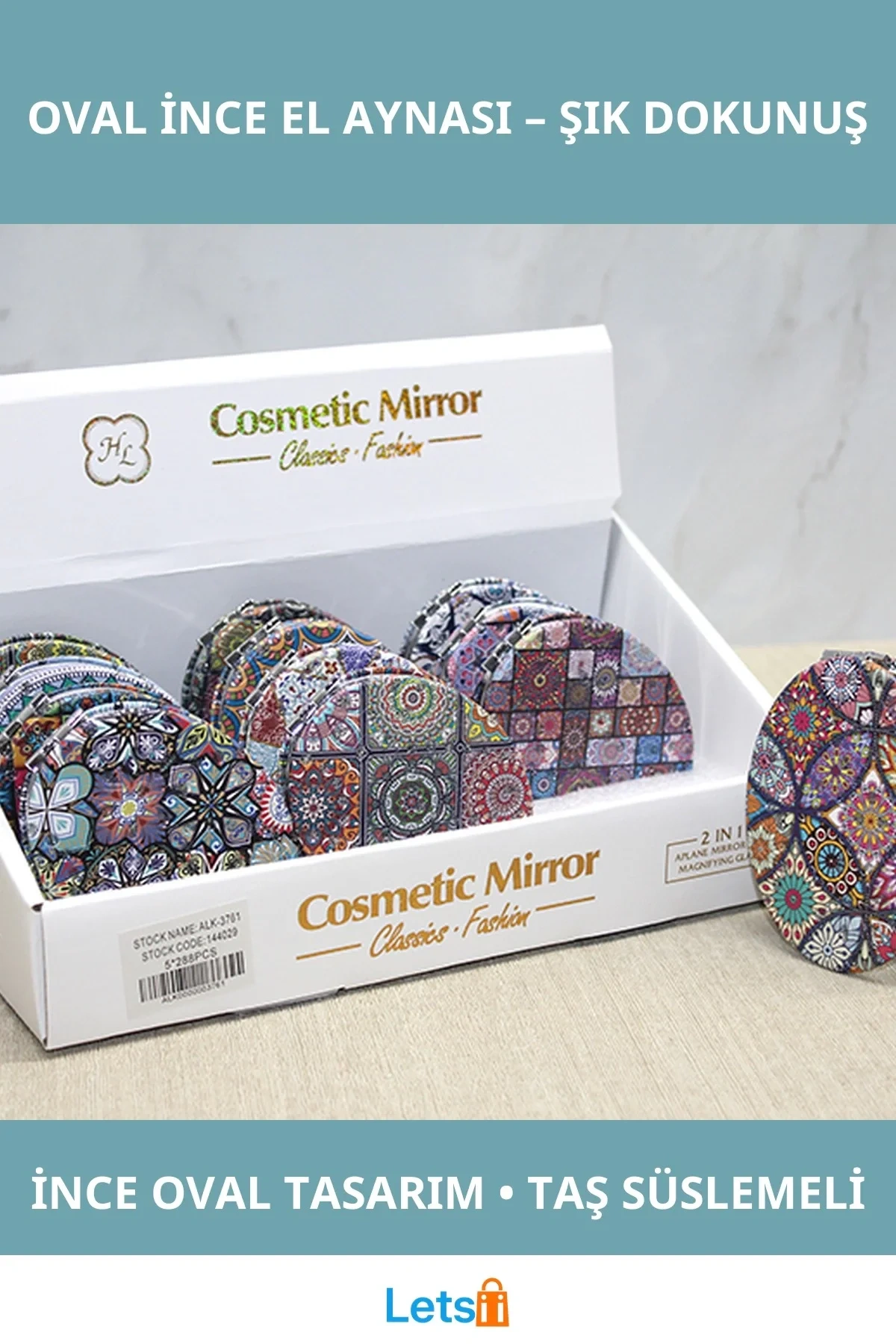 Zarif Taş Detaylı Oval İnce El Aynası