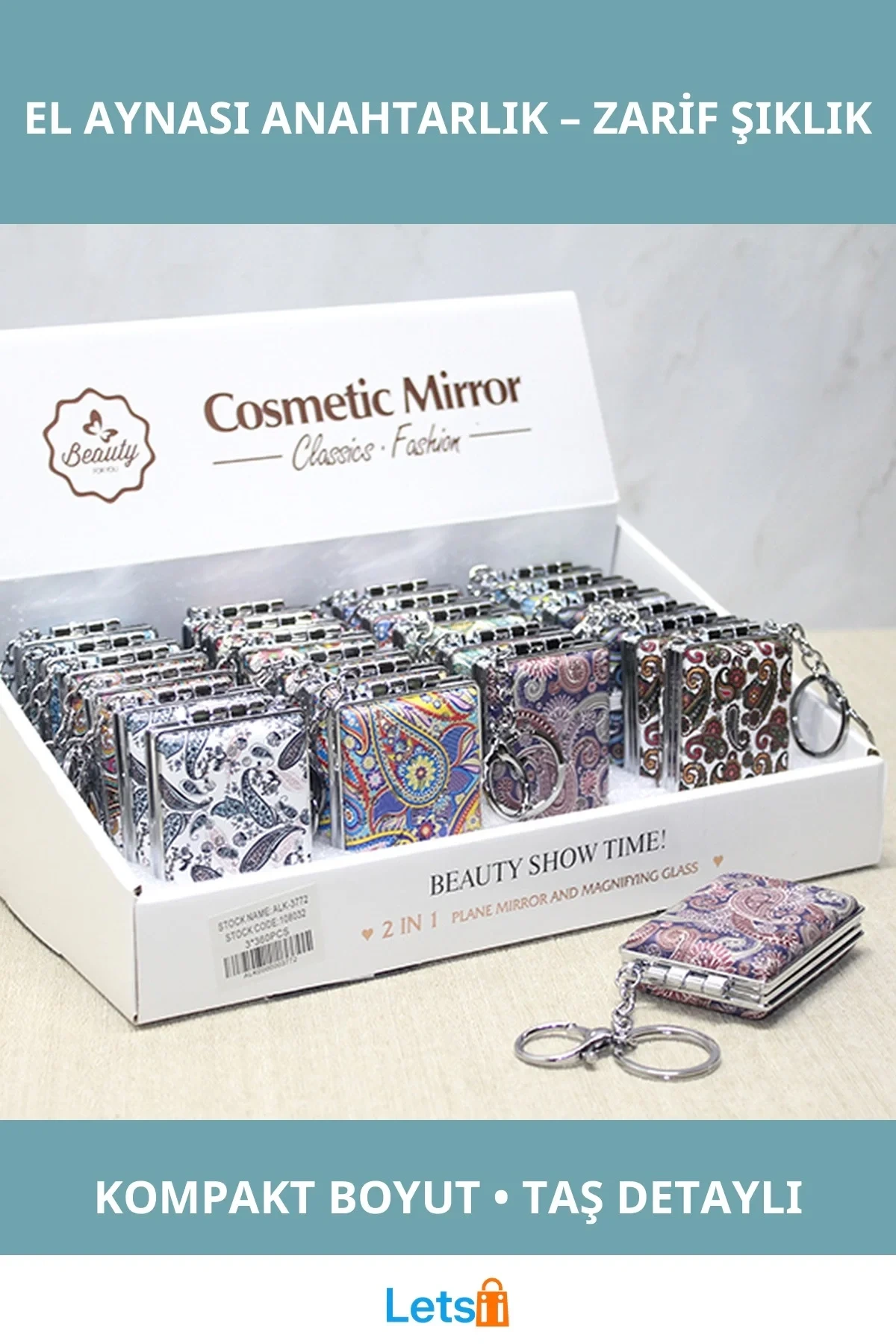 Zarif Taş Detaylı Şık Taşlı El Aynası Anahtarlık