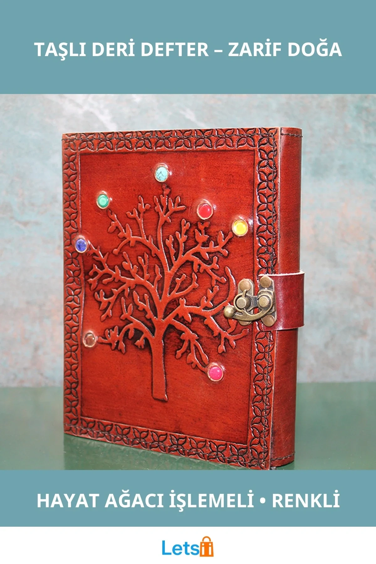 Zarif Taşlı Deri Defter 18x13 cm Hayat Ağacı Figürlü