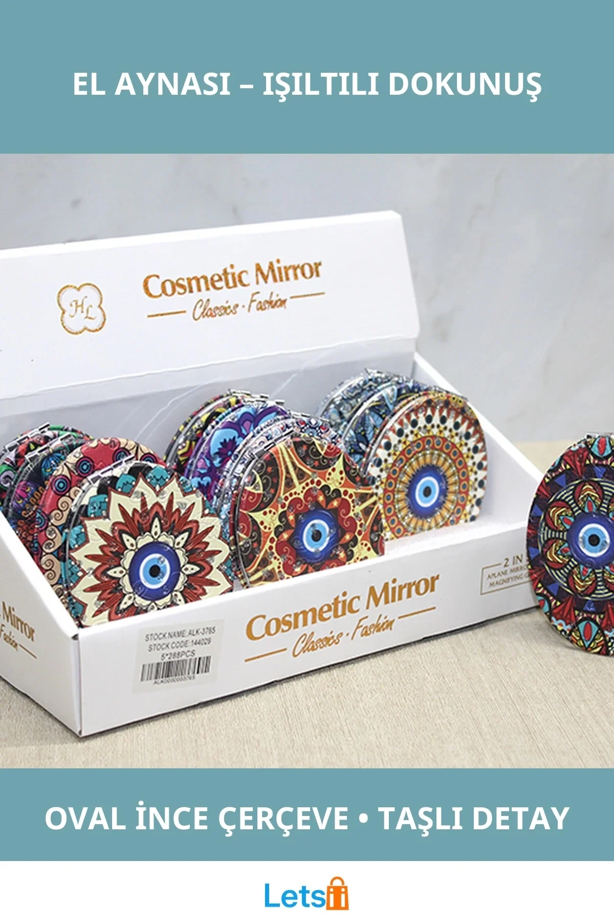 Zarif Taşlı Oval İnce El Aynası