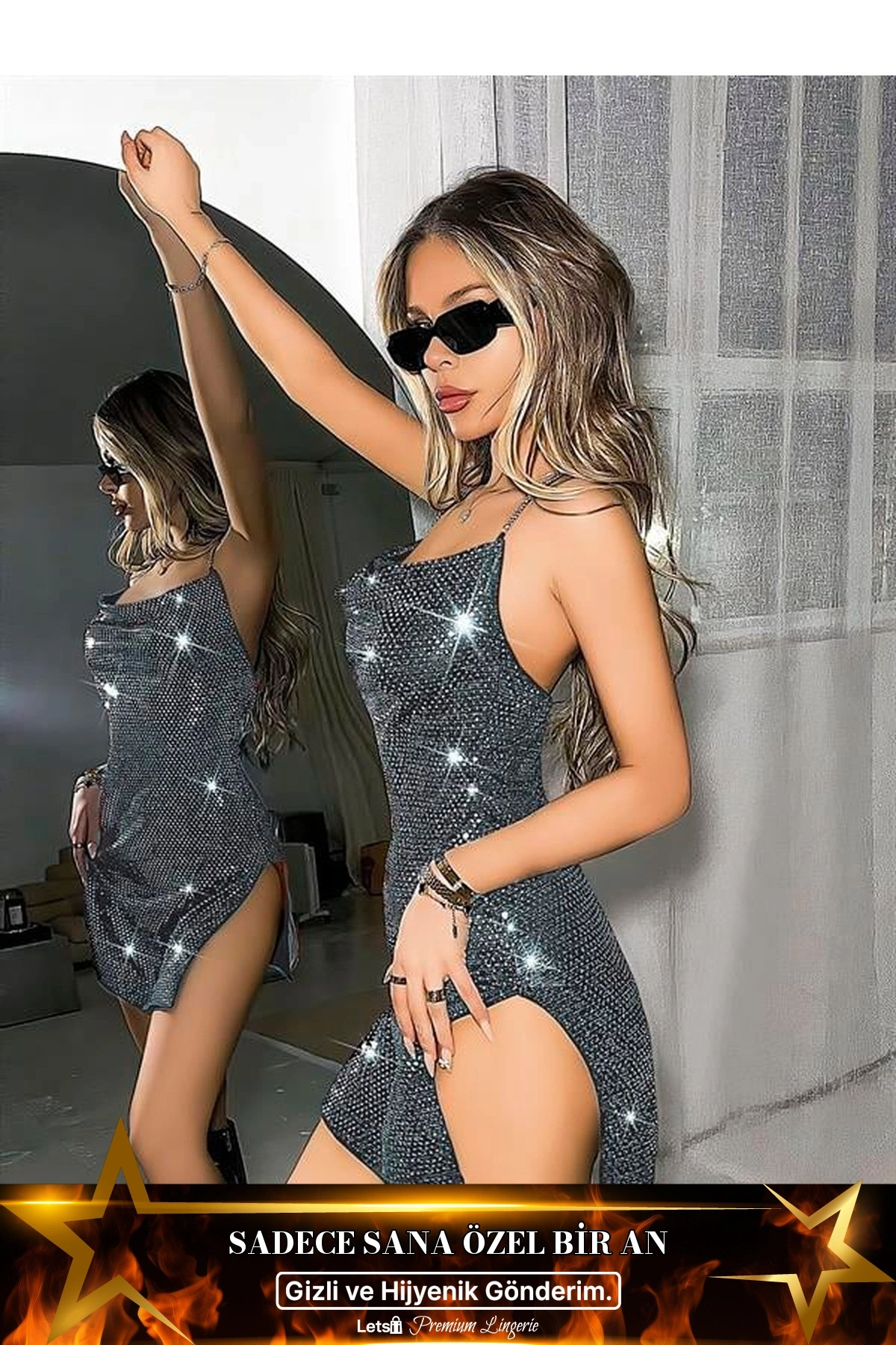 Zincir Askılı Yırtmaçlı Parlak Mini Fantezi Elbise Gümüş Renk