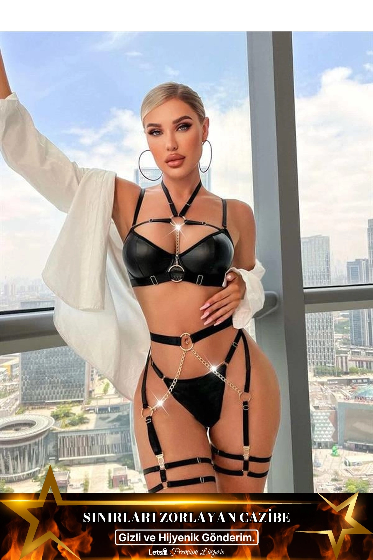 Zincir Detaylı Jartiyerli Fantezi Deri Takım Siyah Renk