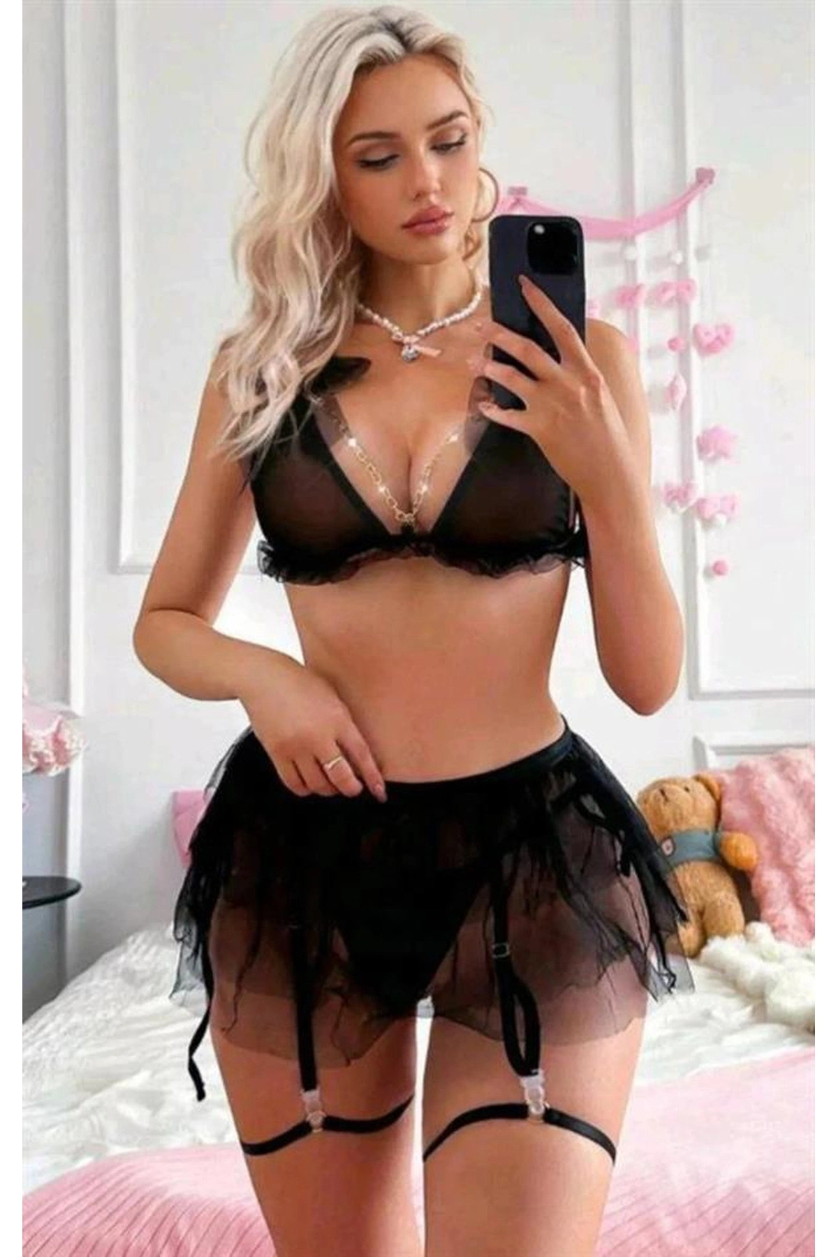 Zincir Detaylı Transparan Tül Etekli Jartiyer Takımı Siyah Renk