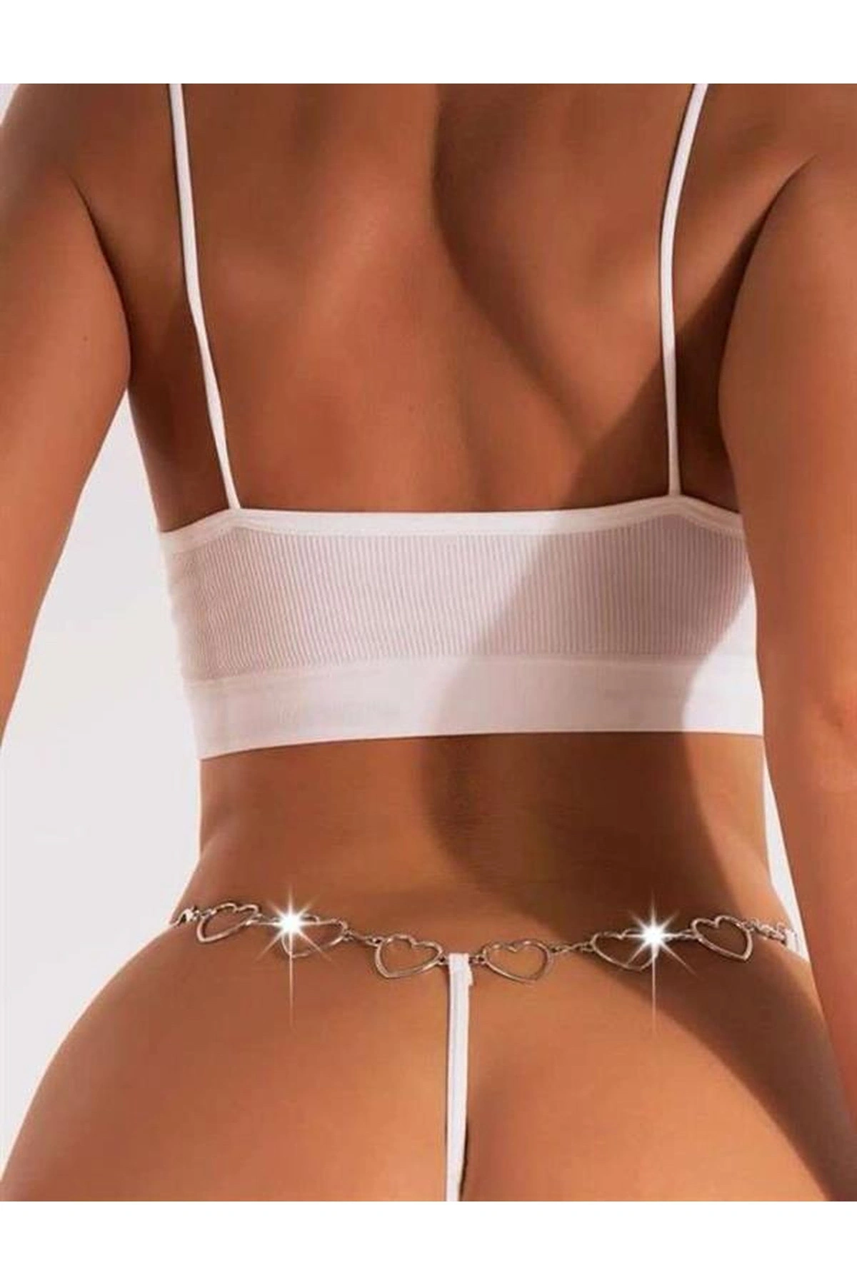 Zincir Kalp Detaylı Fantezi String Tanga Beyaz Renk