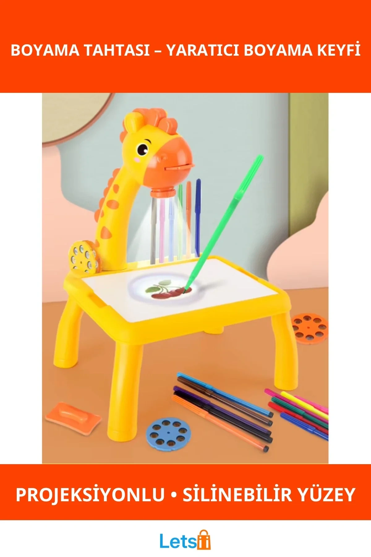 Zürafa Tasarımlı Projeksiyonlu Boyama Tahtası Eğlenceli Çocuk Oyun Seti