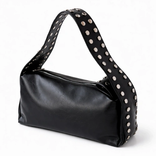 Mono Zımba Detaylı Fermuarlı Siyah Omuz Çantası