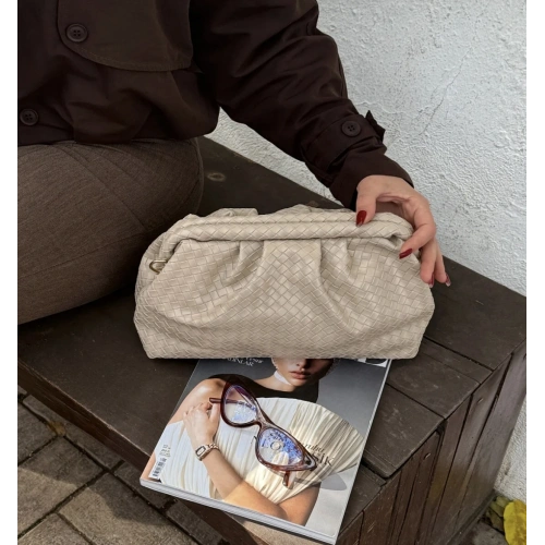 Aura Ekru Örgü Dokulu Clutch Omuz ve Çapraz Çanta