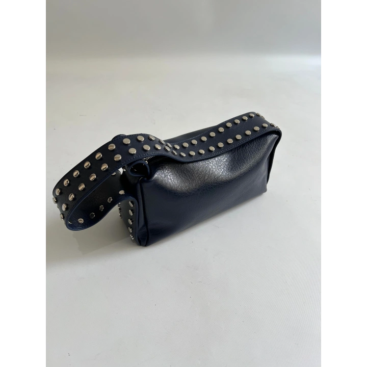 Mono Zımba Detaylı Fermuarlı Lacivert Omuz Çantası