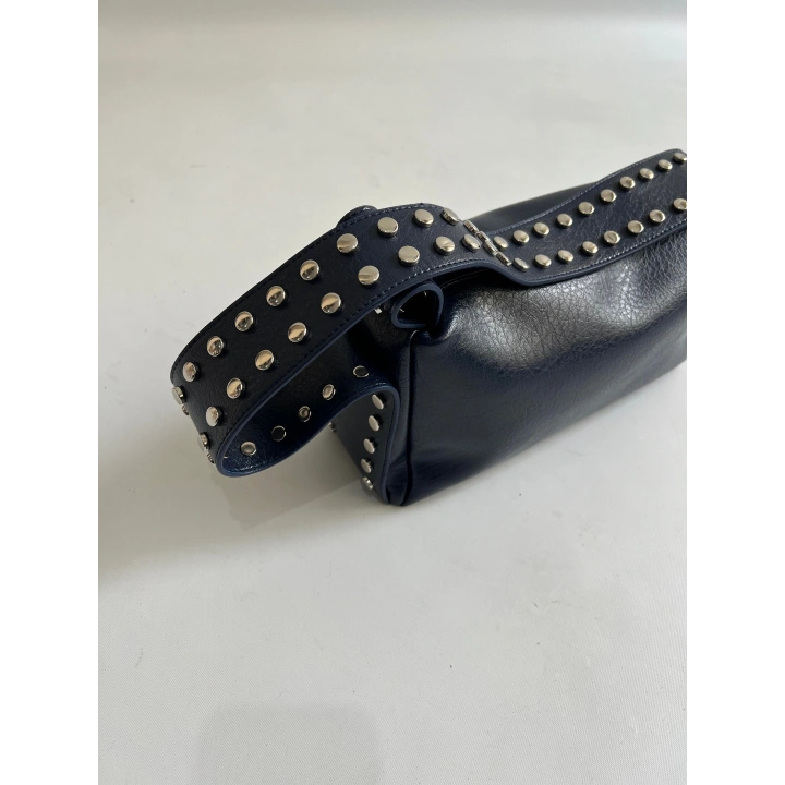 Mono Zımba Detaylı Fermuarlı Lacivert Omuz Çantası