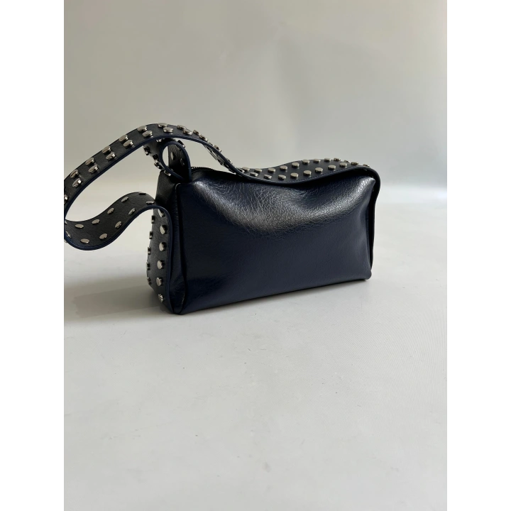 Mono Zımba Detaylı Fermuarlı Lacivert Omuz Çantası