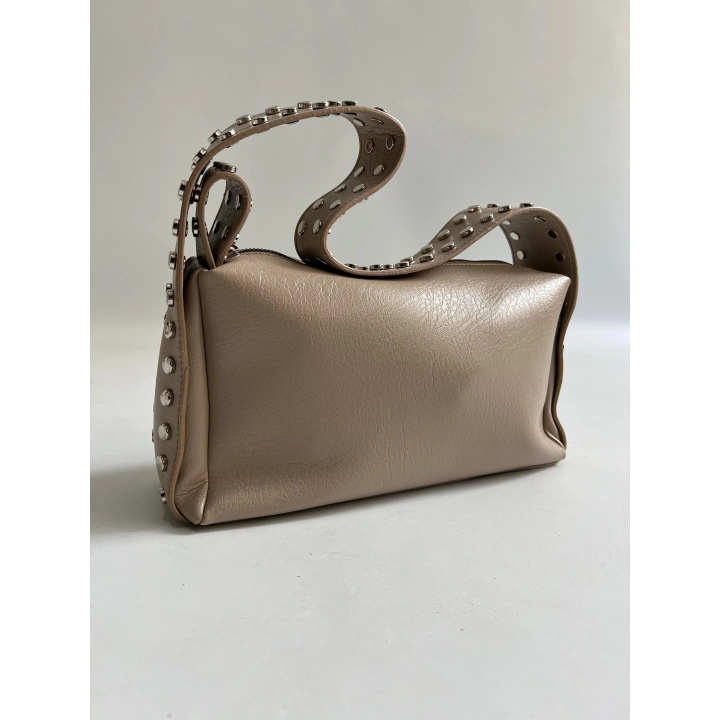 Mono Zımba Detaylı Fermuarlı Vizon Omuz Çantası