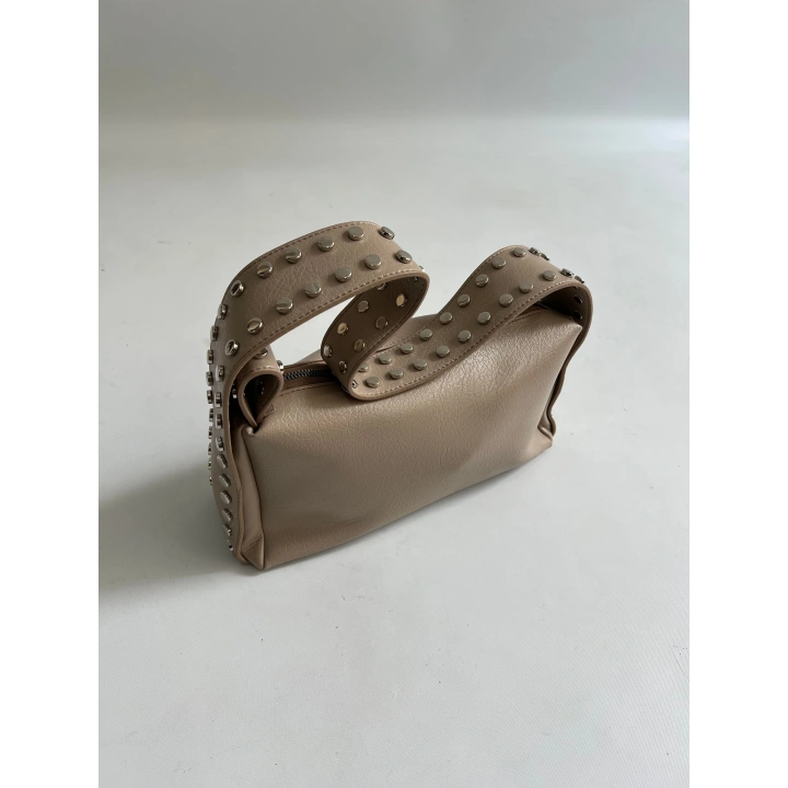 Mono Zımba Detaylı Fermuarlı Vizon Omuz Çantası