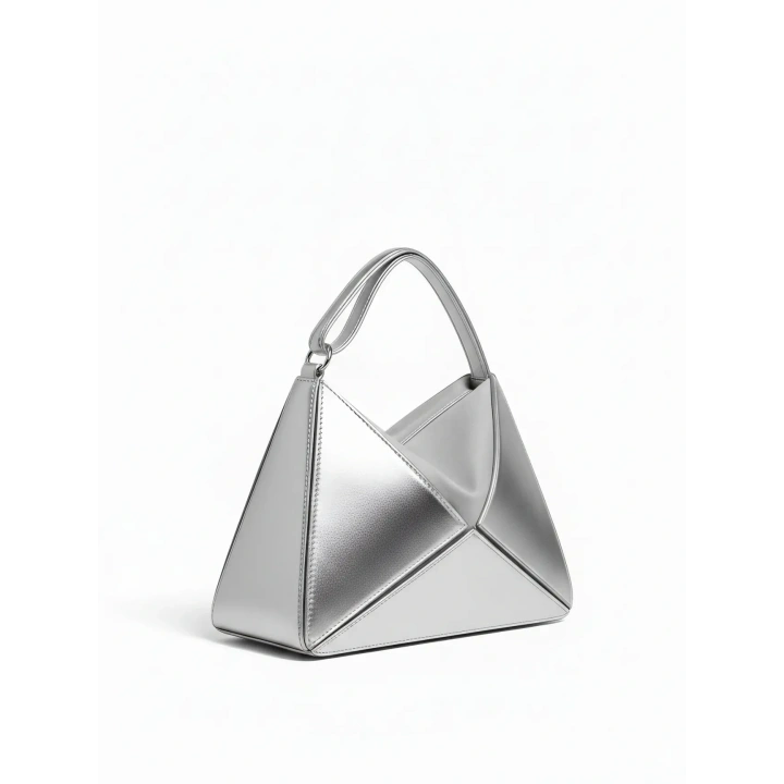 Glow Gümüş Rugan Üçgen Detaylı El Omuz ve Çapraz Çanta
