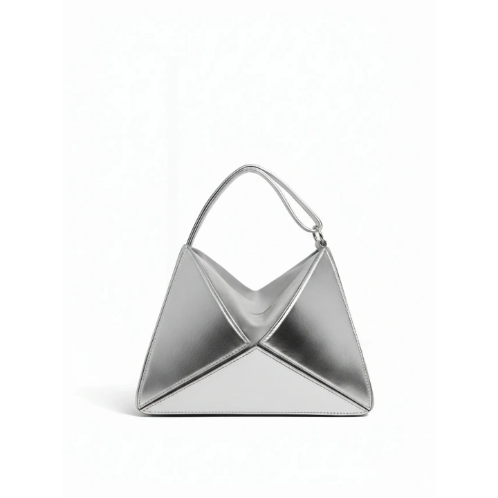 Glow Gümüş Rugan Üçgen Detaylı El Omuz ve Çapraz Çanta