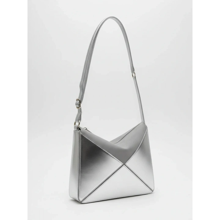 Glow Gümüş Rugan Üçgen Detaylı El Omuz ve Çapraz Çanta