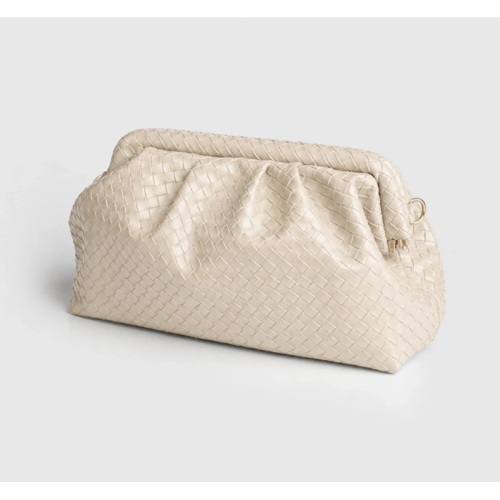 Aura Ekru Örgü Dokulu Clutch Omuz ve Çapraz Çanta