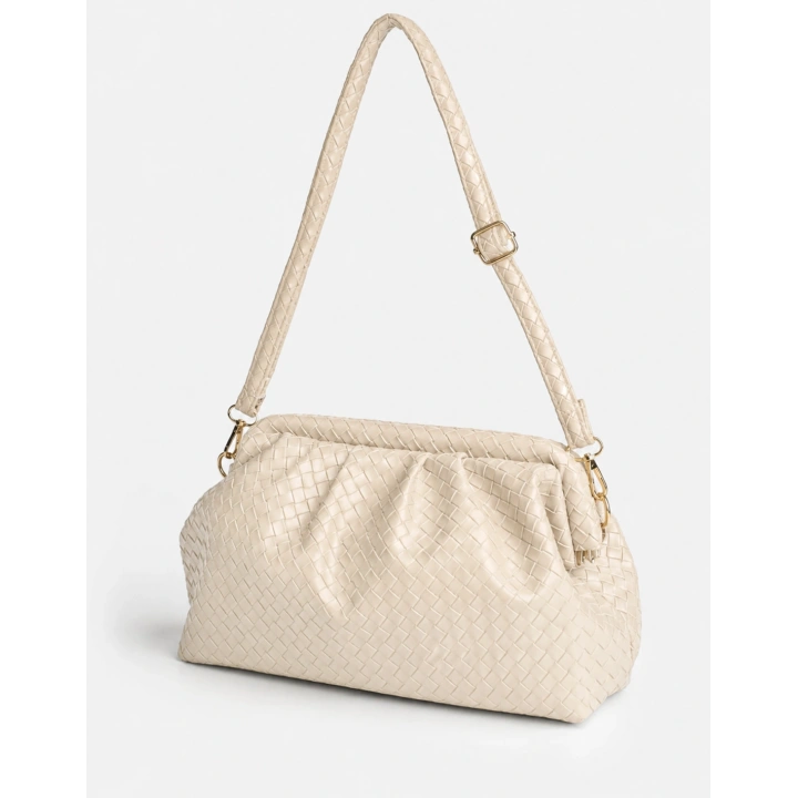 Aura Ekru Örgü Dokulu Clutch Omuz ve Çapraz Çanta