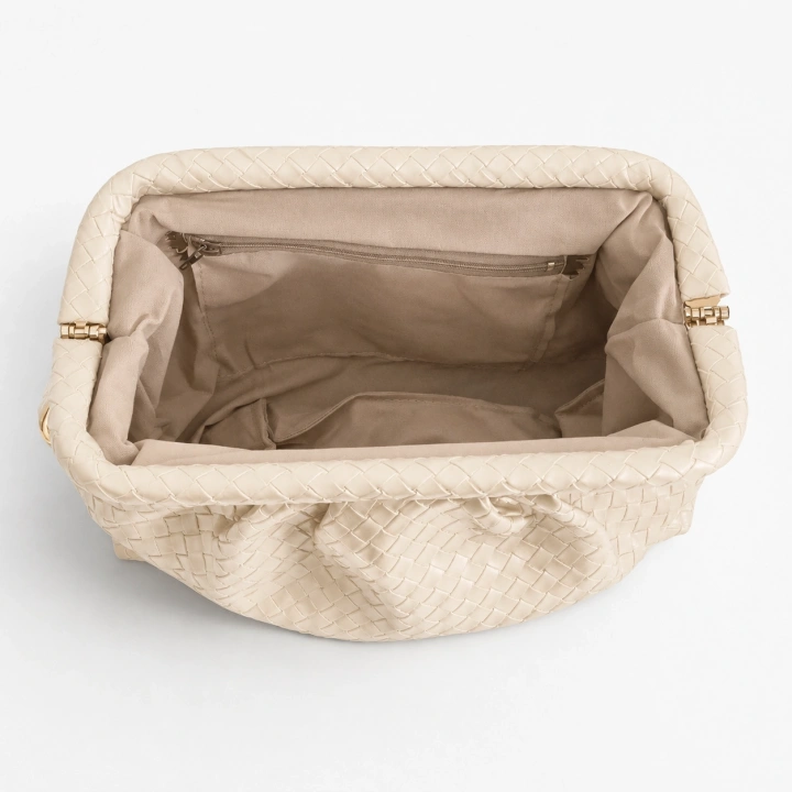 Aura Ekru Örgü Dokulu Clutch Omuz ve Çapraz Çanta