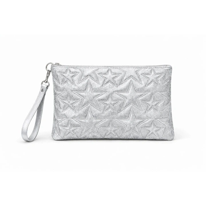 Yıldız Desenli Gümüş Simli Clutch Portföy Çanta