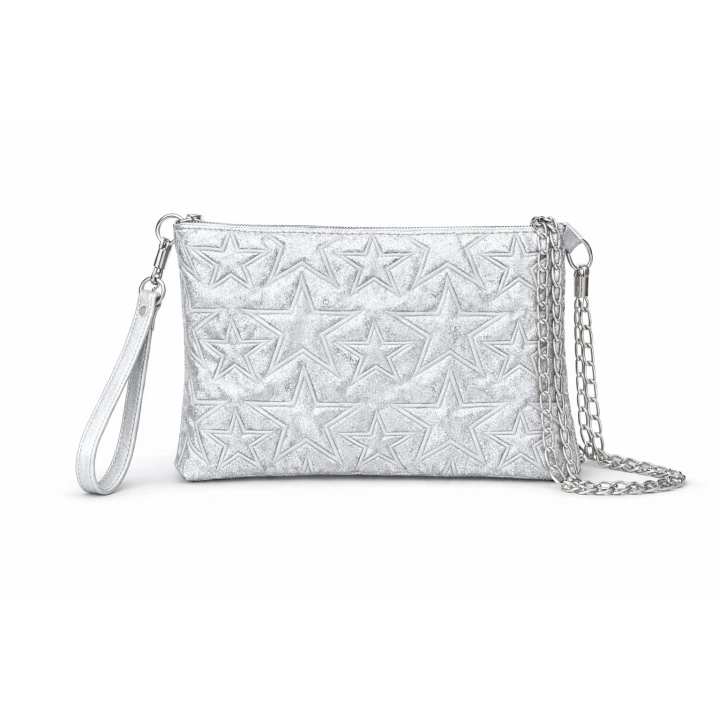 Yıldız Desenli Gümüş Simli Clutch Portföy Çanta