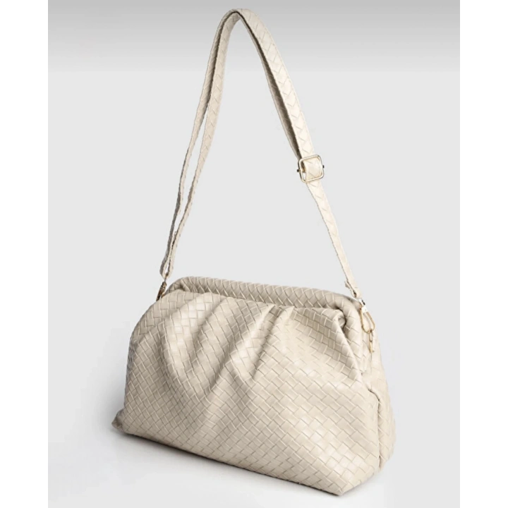 Aura Ekru Örgü Dokulu Clutch Omuz ve Çapraz Çanta