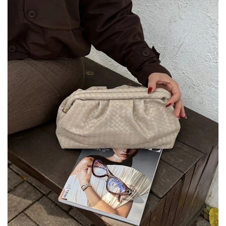 Aura Ekru Örgü Dokulu Clutch Omuz ve Çapraz Çanta