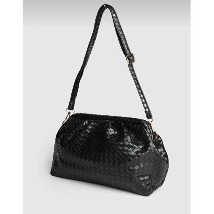 Aura Siyah Örgü Dokulu Clutch Omuz ve Çapraz Çanta